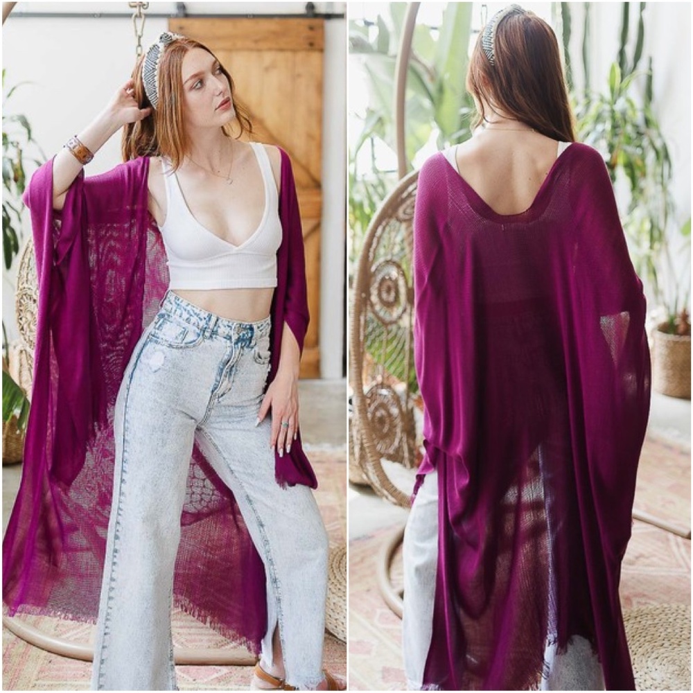 029 Boho Magenta High Low Frayed Hem Kimono